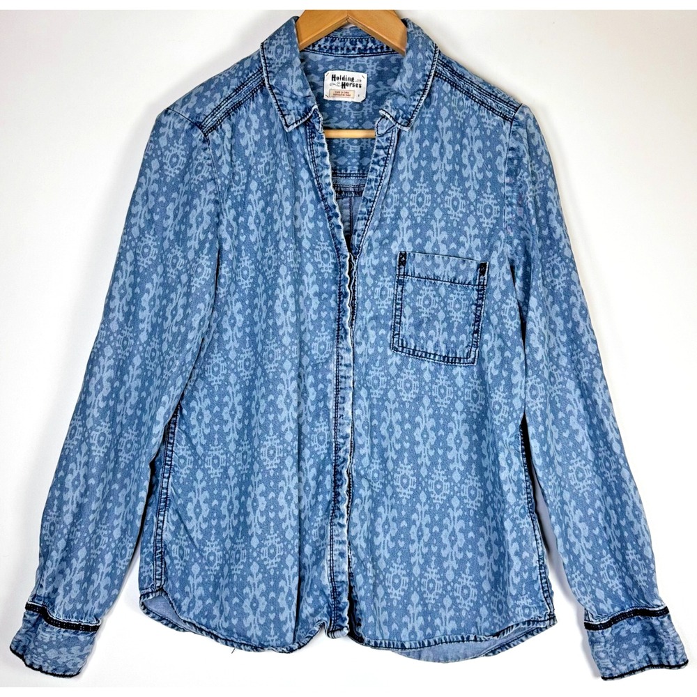 Anthropologie Holding Horses Chambray Shirt Womens 8 Blue Tencel Lyocell Ikat